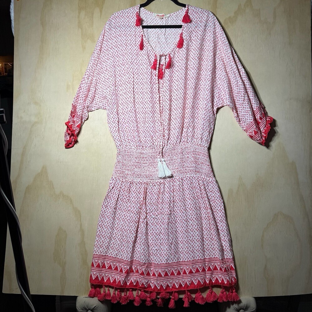 Mazik Boho Tassel Dress Women’s Large Red‎ White Smocked Waist